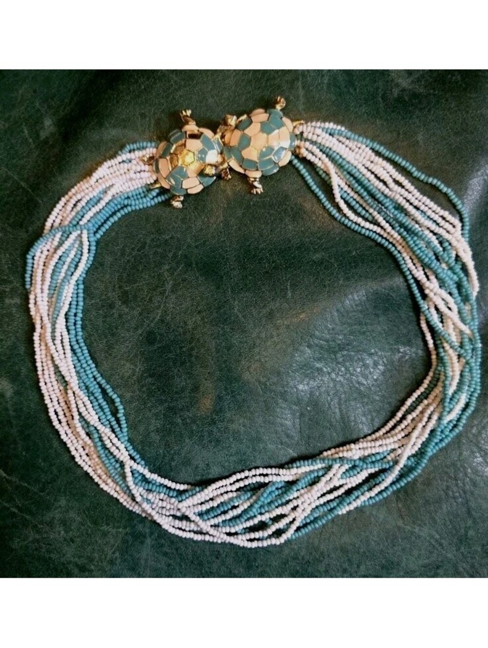Vtg Original by Robert Necklace Seed Bead Aqua White Glass Statement Layered 18"